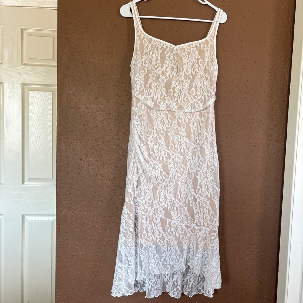 Soly Hux Women White Floral Lace Midi Dress Nude Lining Ruffle Hem Size L